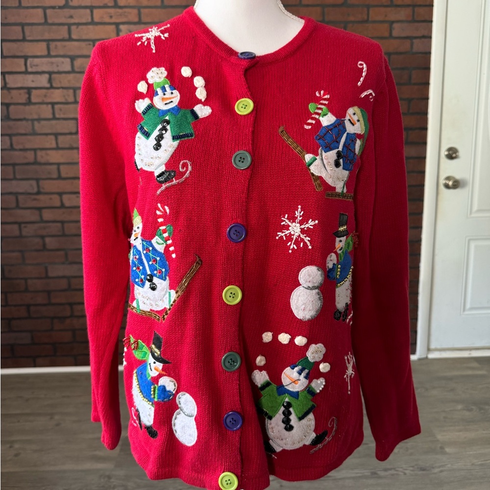 Tiara International Red‎ Snowman Christmas Cardigan Sweater M Ramie Cotton